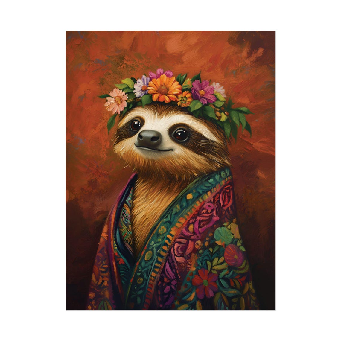 Smiling Sloth Flower Crown Patterned Robe Burnt Orange Art Poster - Image 2