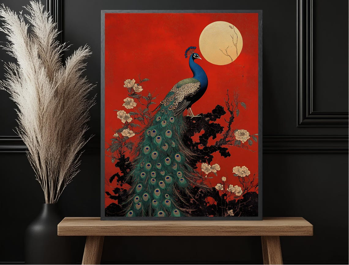 Peacock Full Moon Red Background Japanese Style Bird Art Poster