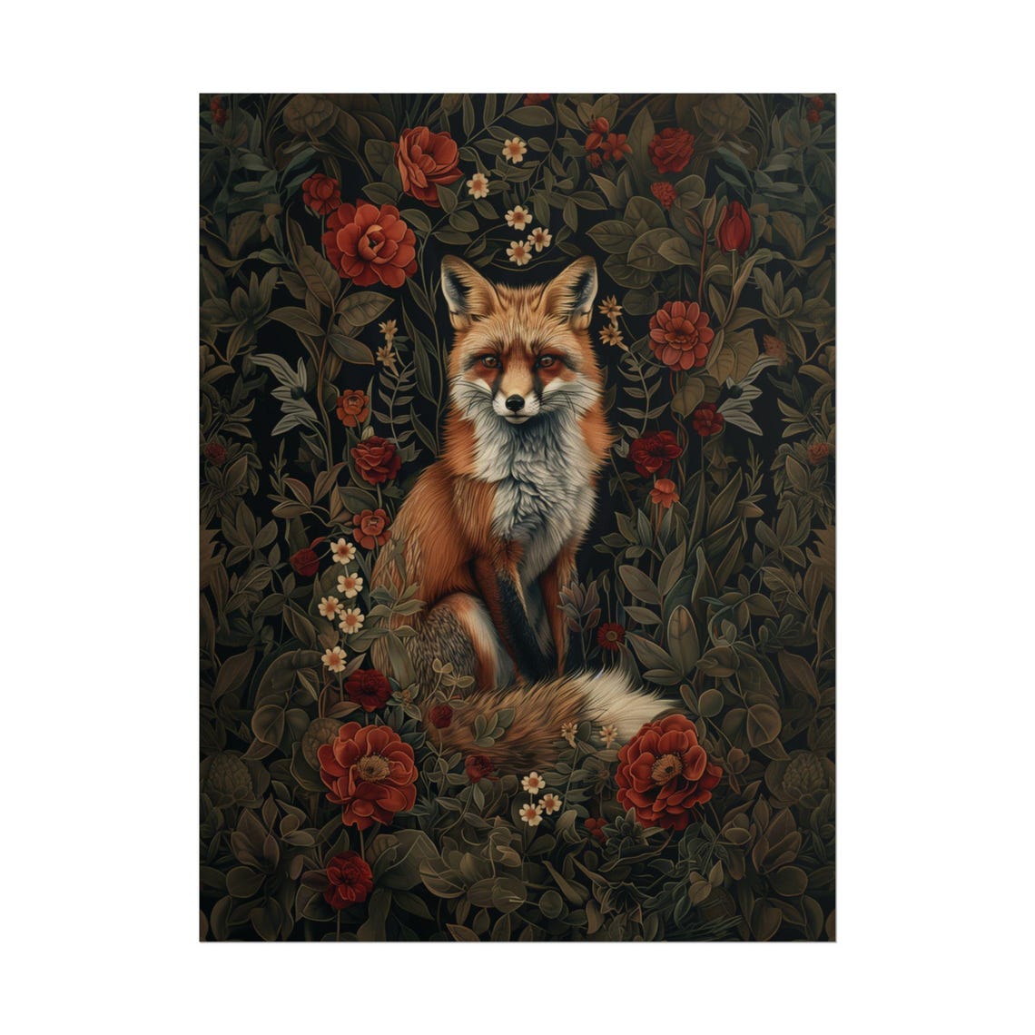 Red Fox Vintage Botanical Flower Garden Dark Morris Style Art Poster - Image 2