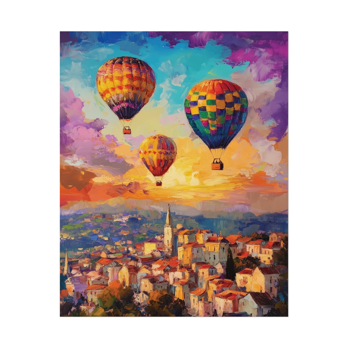 Hot Air Balloons Over Old European Town Sunset Sky Travel Poster - Image 2
