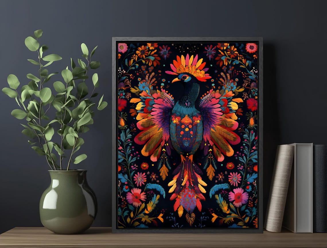 Rainbow Folk Art Bird Multicolor Feathers Dark Floral Maximalist Print - Image 6