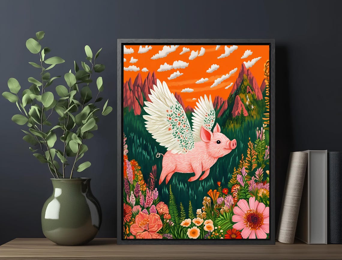 Flying Pig Over Flower Field Sunset Mountains Whimsical Poster - Image 6