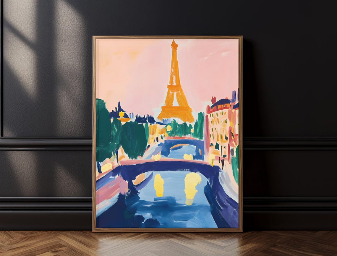 Eiffel Tower Seine Bridge Paris Pink Sky Painterly Travel Wall Poster