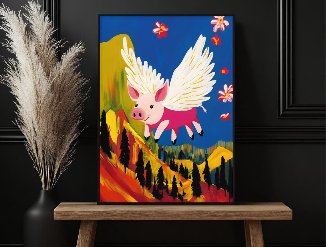 Flying Pig Angel Wings Colorful Mountain Landscape Whimsical Print - Image 6