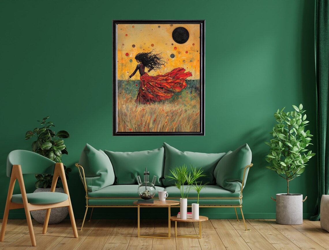 Woman In Red Dress Dancing Wheat Field Golden Sky Artistic Wall Poster - Image 2