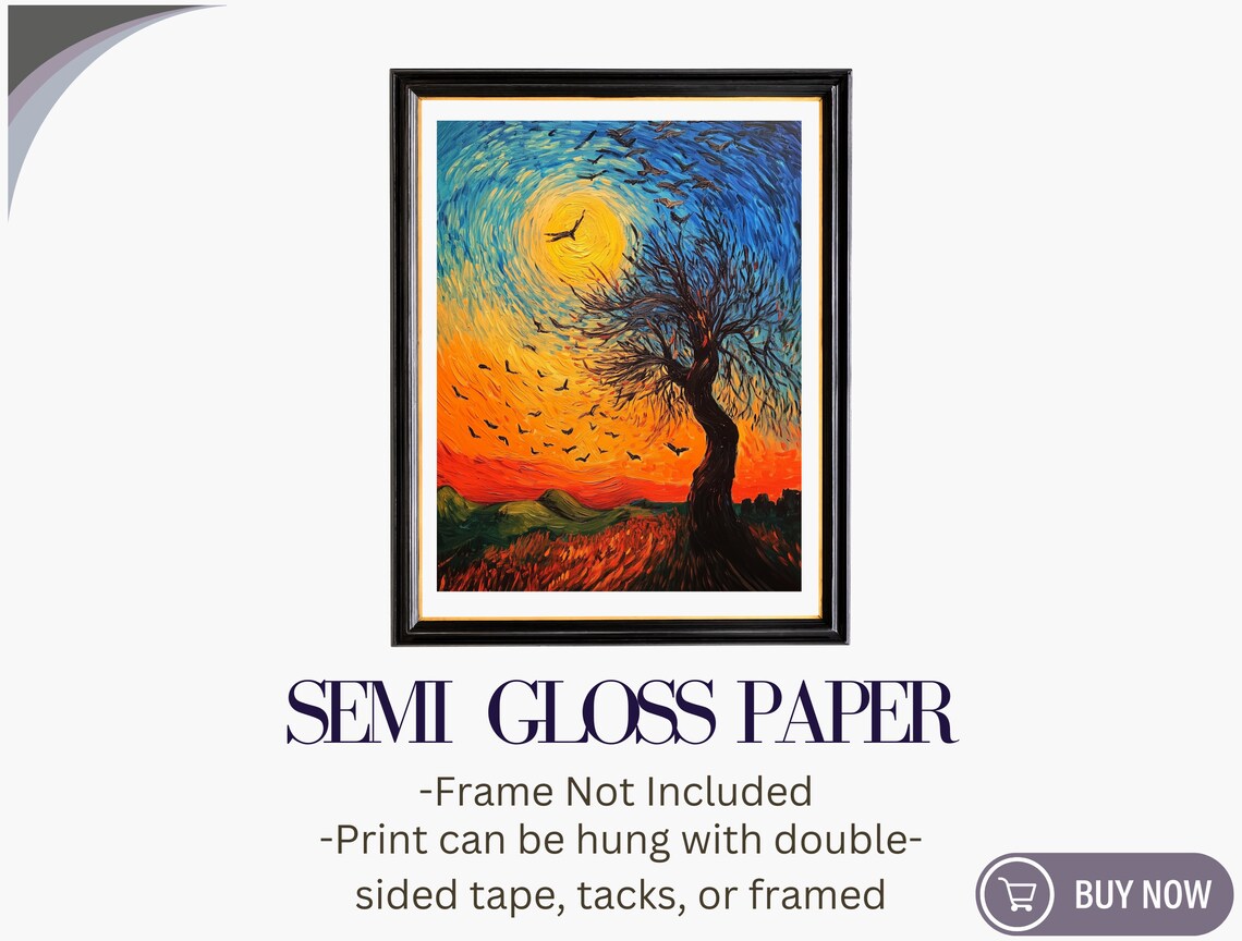 Van Gogh Style Sunset Tree Swirling Sky Flock of Birds Starry Art Poster - Image 6