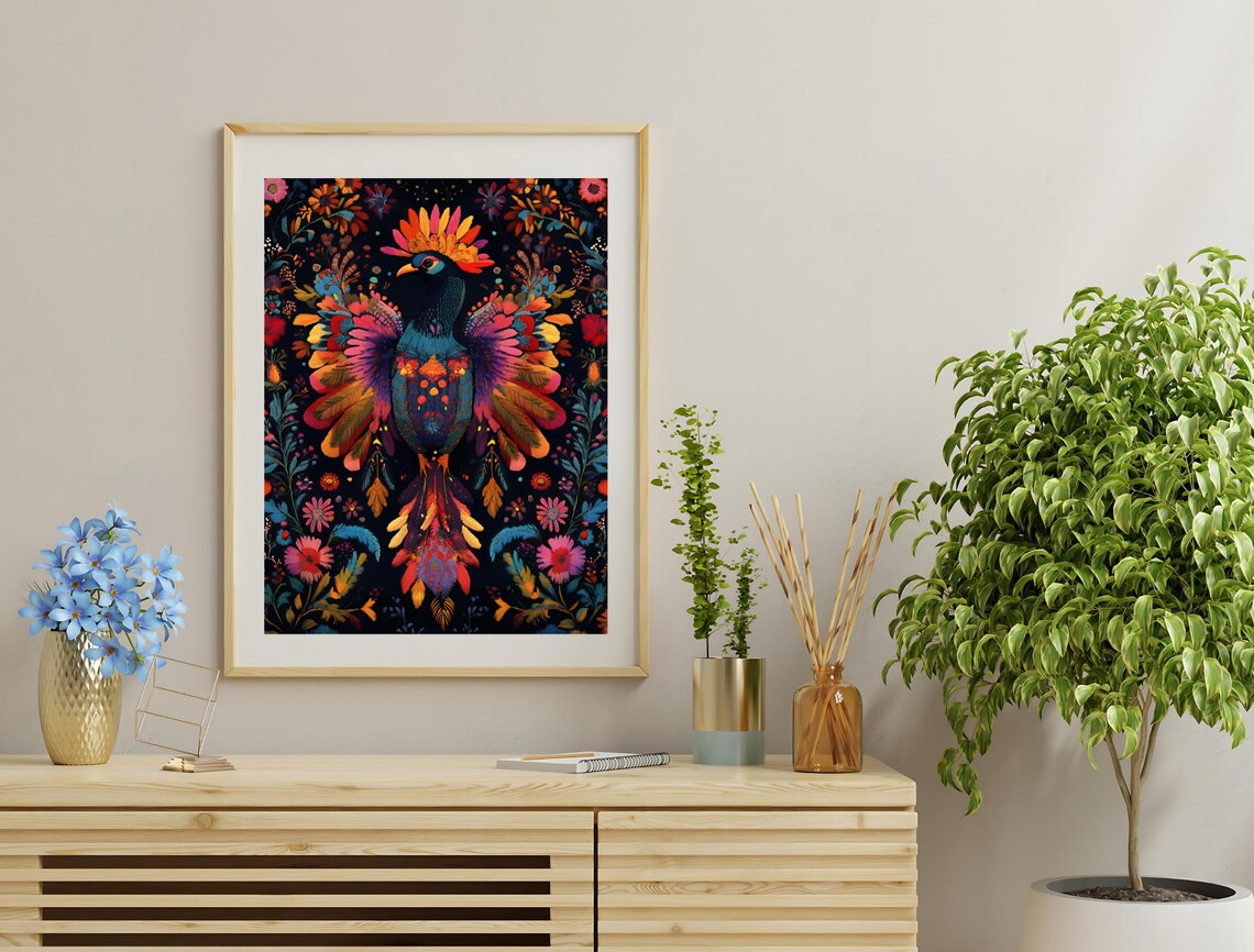 Colorful Exotic Bird Radiant Fantasy Plumage Floral Folk Art Print - Image 3