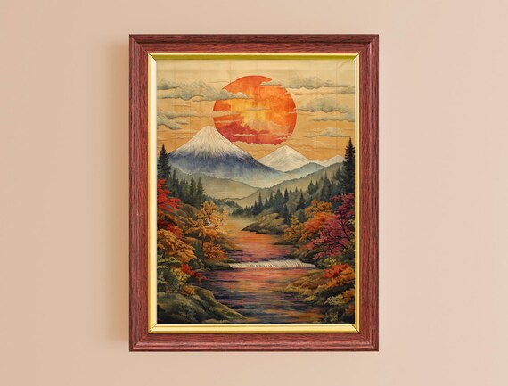 Japan Mount Fuji Red Sun Setting Autumn Foliage Vintage Travel Poster