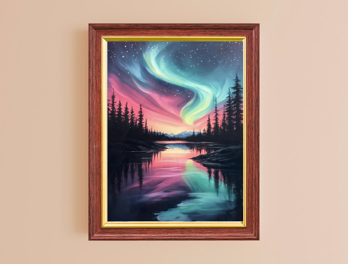 Northern Lights Aurora Borealis Starry Night Lake Mountains Sky Poster - Image 2