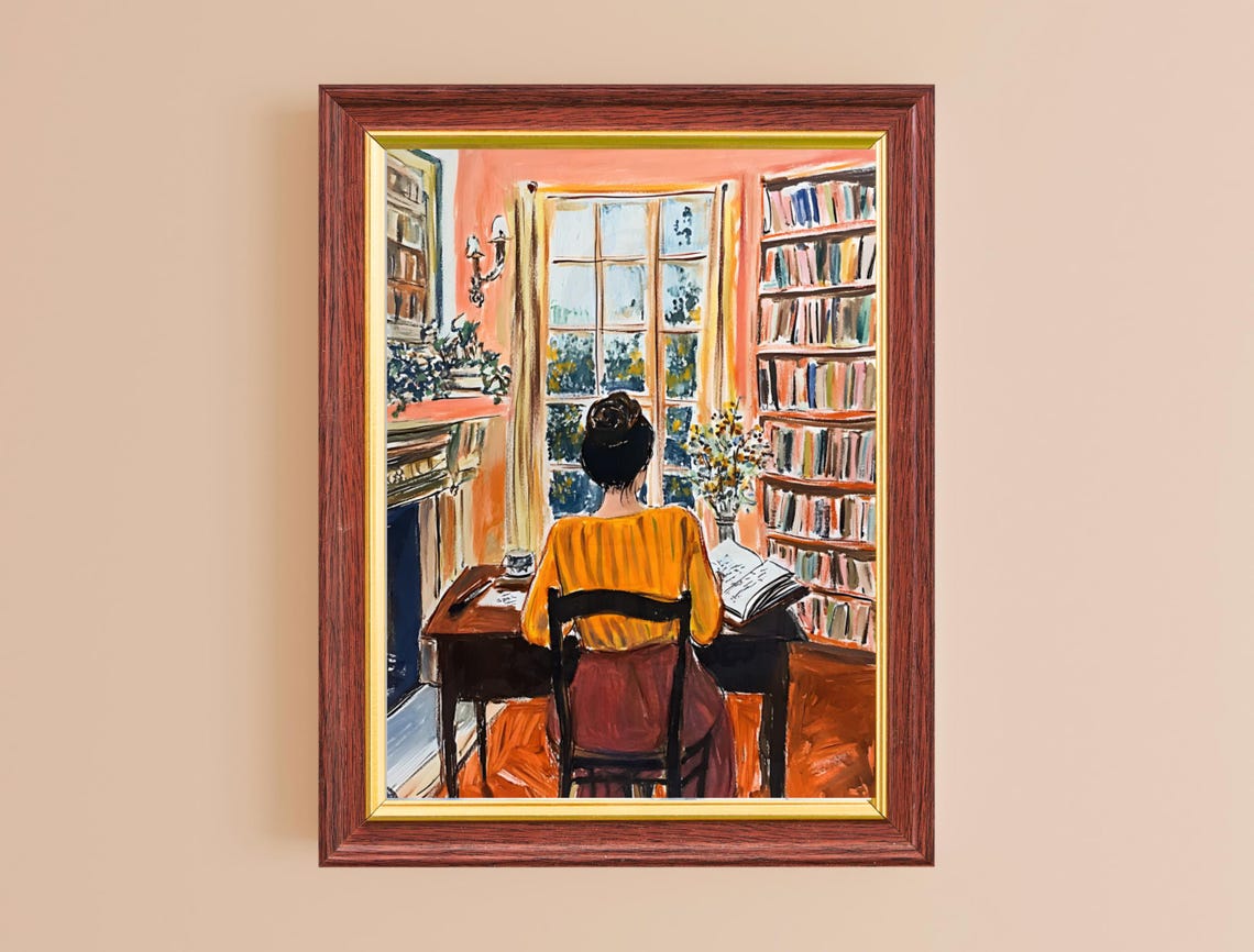 Cozy Library Reading Woman Orange Interior Book Lover Wall Poster - Image 2