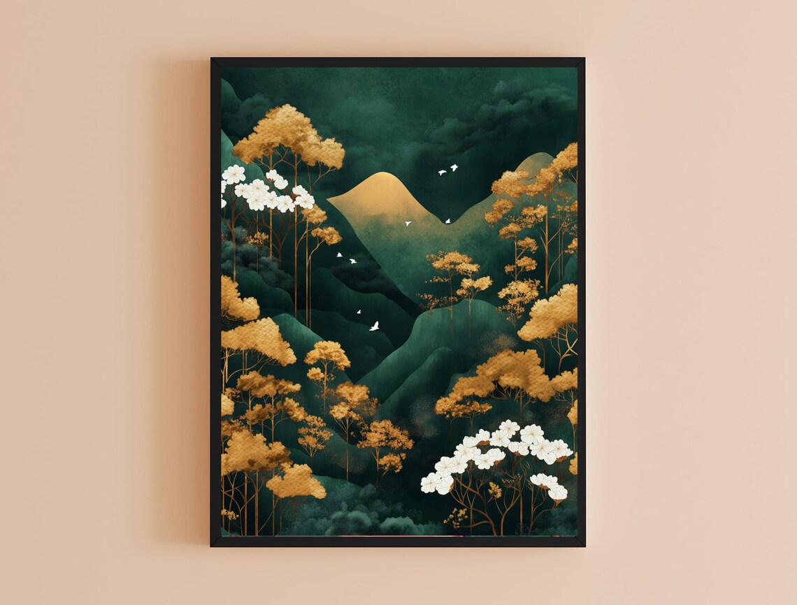 Emerald Mountain Mist Golden Forest White Flowers Japanese Style Poster - Image 6