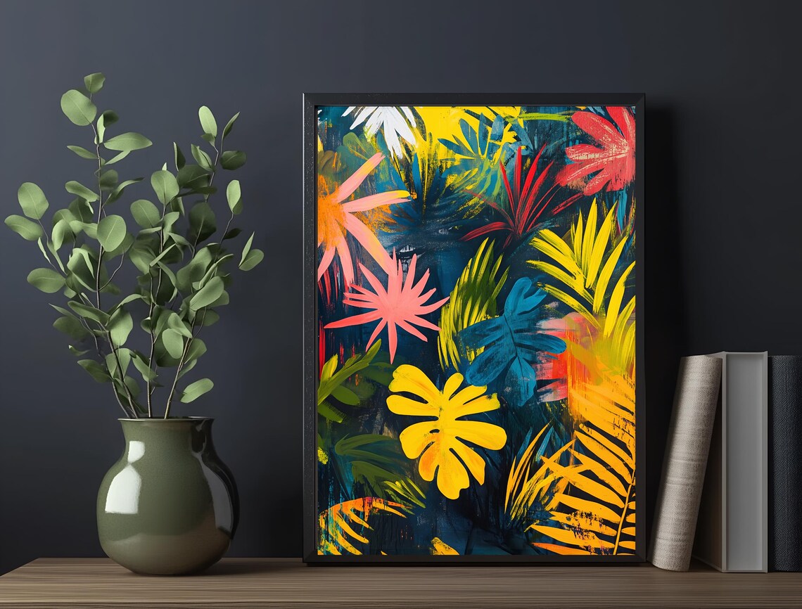 Neon Tropical Leaves Abstract Dark Navy Colorful Botanical Art Poster - Image 6