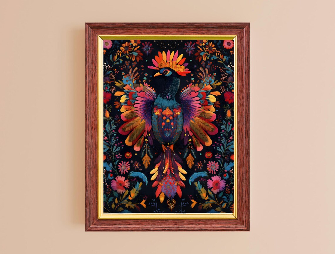 Colorful Exotic Bird Radiant Fantasy Plumage Floral Folk Art Print - Image 2
