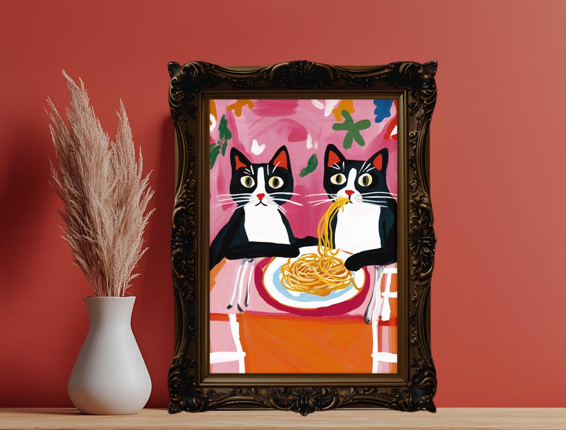 Tuxedo Cats Spaghetti Date Funny Pink Folk Art Kitchen Wall Poster - Image 5