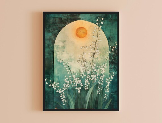 White Wildflowers Golden Sun Arch Teal Botanical Morning Poster