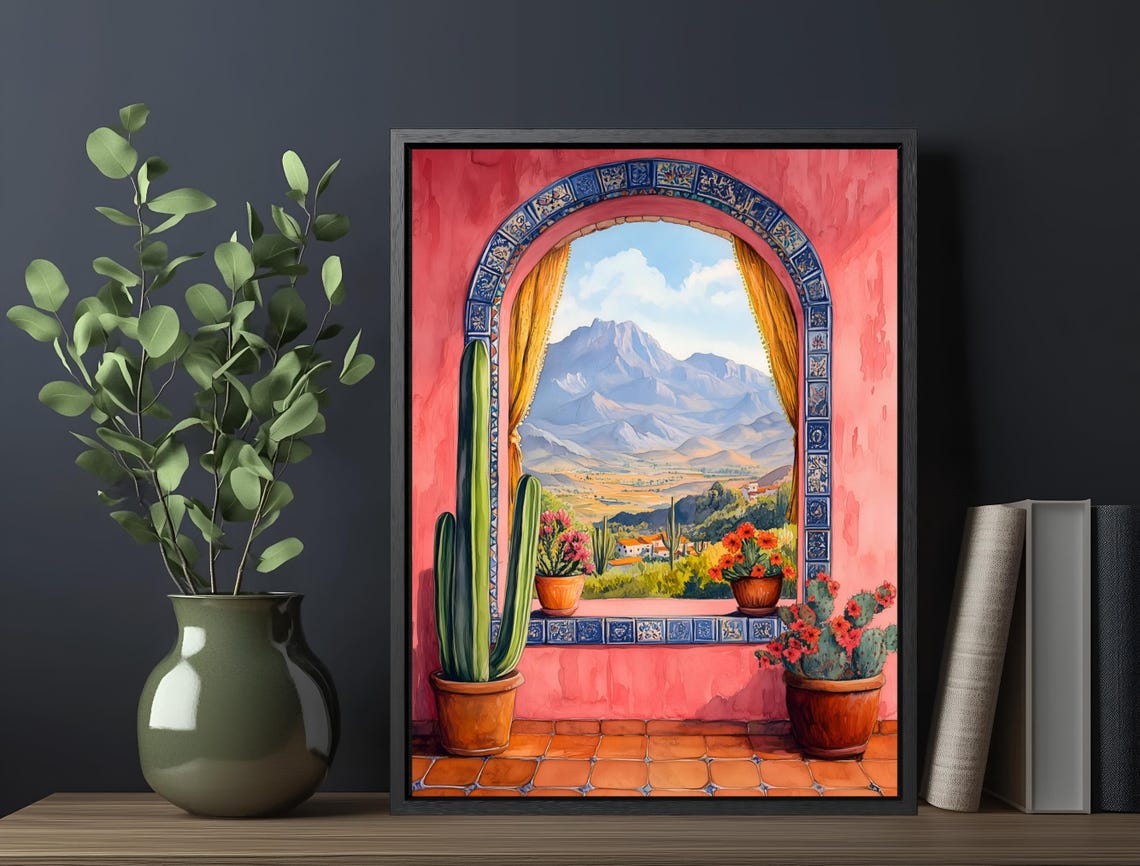 Mexico Mountain View Arched Window Cactus Terracotta Folk Art Poster - Image 5