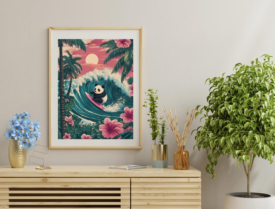 Panda Surfing Big Wave Sunset Tropical Hibiscus Cute Art Poster - Image 3