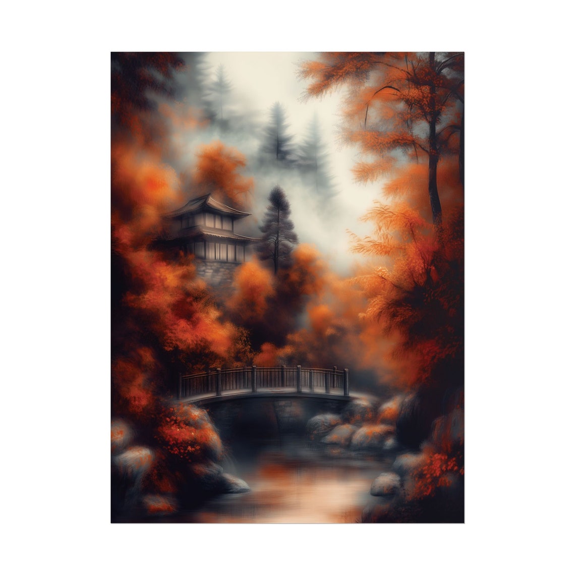 Japanese Pagoda Autumn Maple Misty Bridge Fall Landscape Art Poster - Image 2