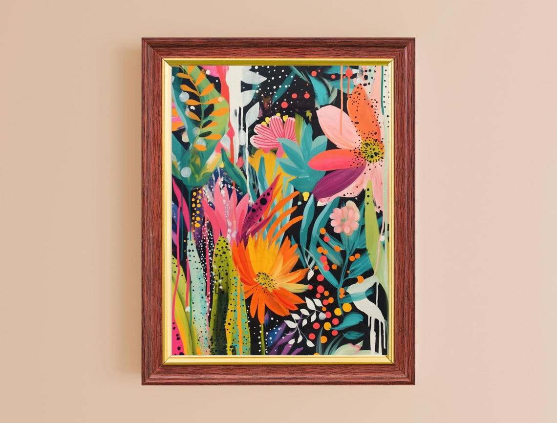 Abstract Floral Explosion Black Background Maximalist Color Poster - Image 2