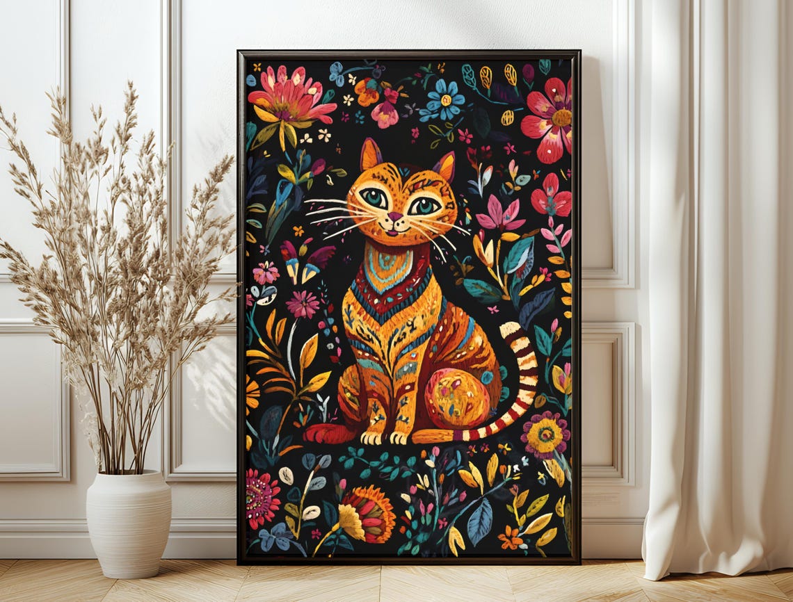 Orange Tabby Cat Folk Art Colorful Floral Dark Background Print