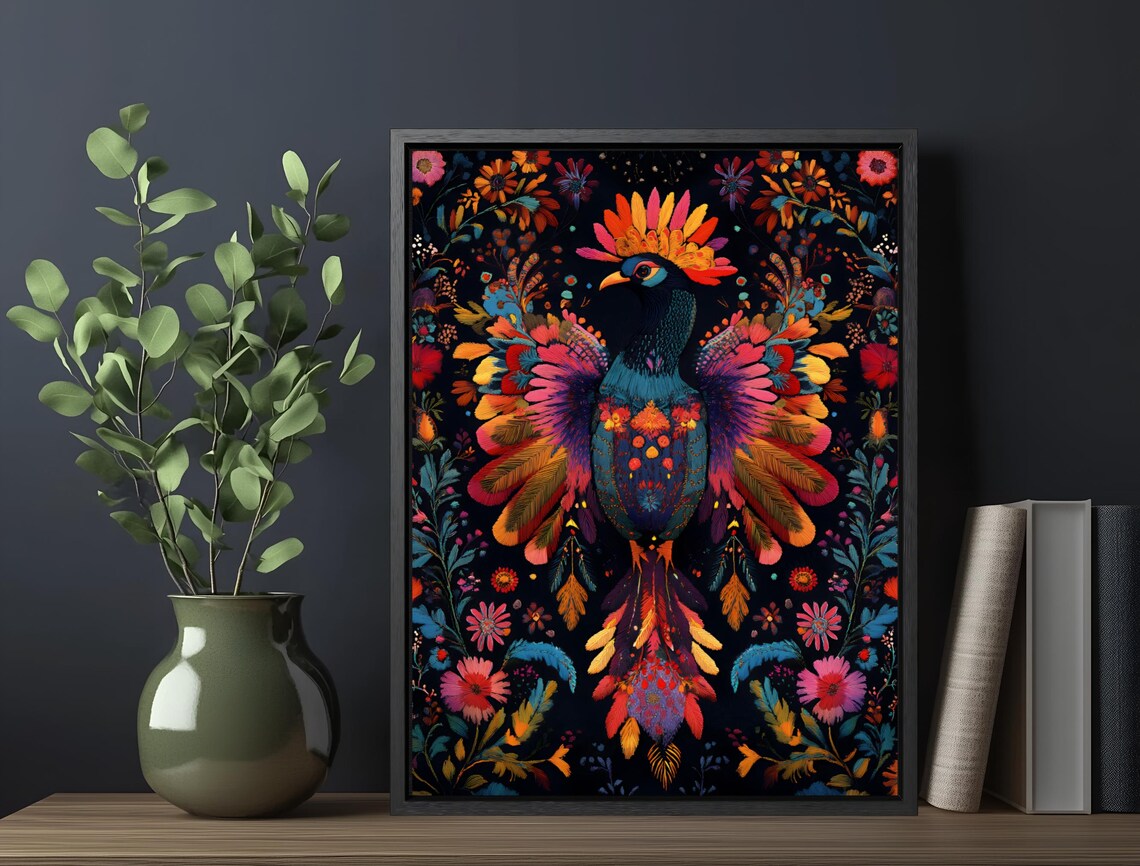 Colorful Exotic Bird Radiant Fantasy Plumage Floral Folk Art Print - Image 6