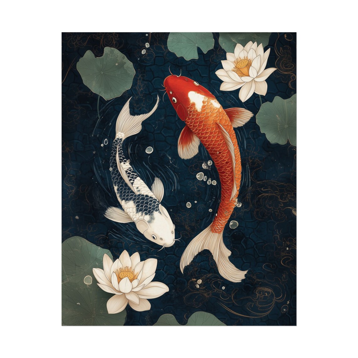 Koi Fish Pond Japanese Style Art Print Lotus Flowers Black Water Poster - Image 2