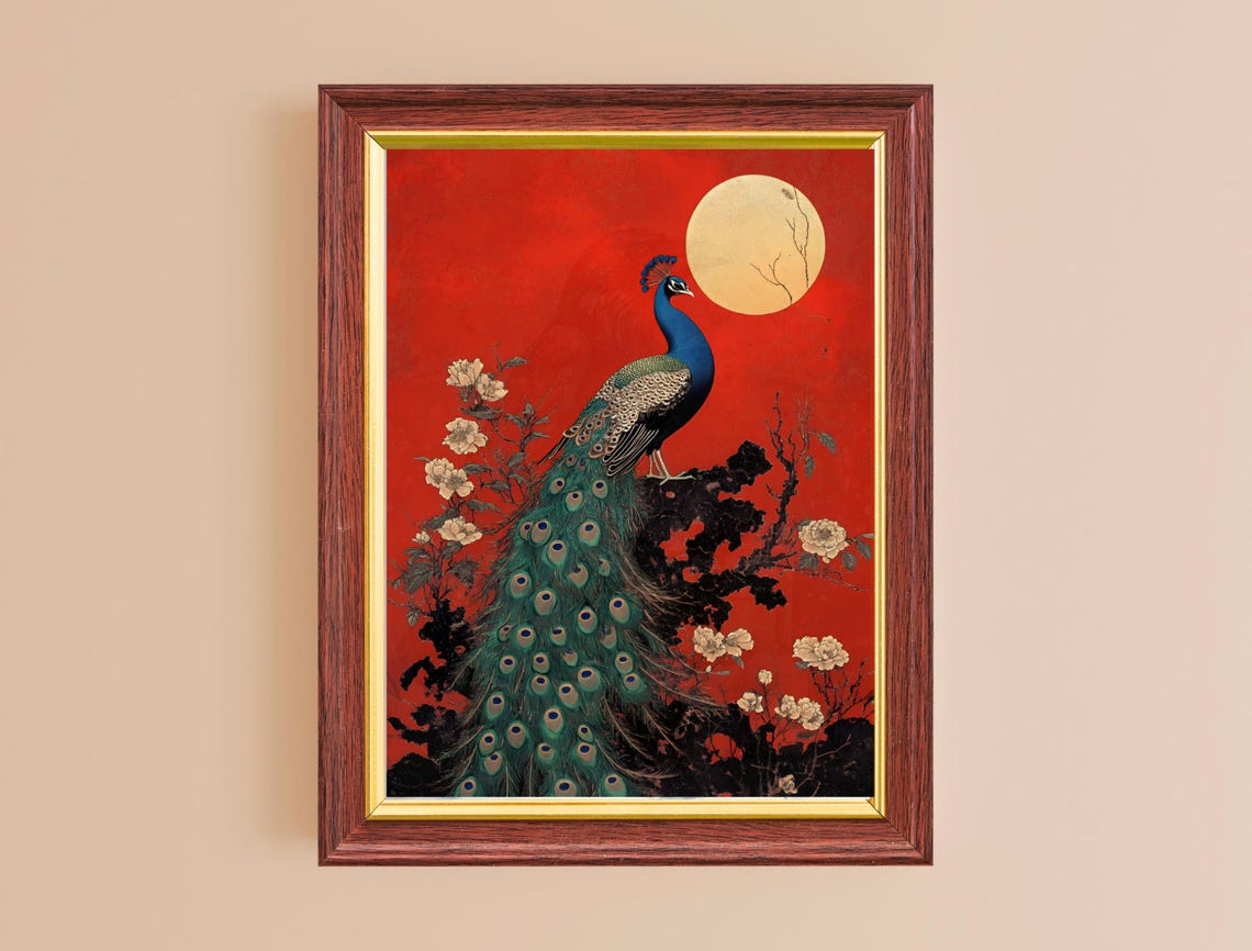 Peacock Full Moon Red Background Japanese Style Bird Art Poster - Image 2