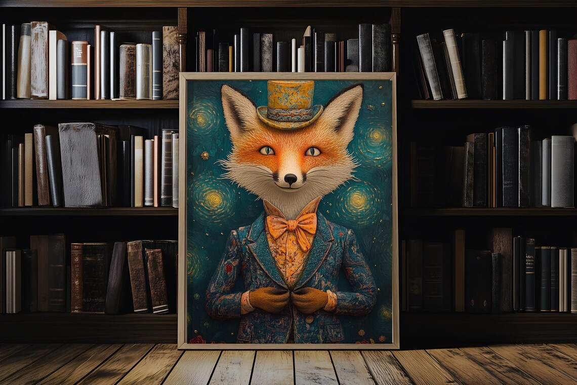 Dapper Fox Top Hat Suit Starry Night Swirly Background Whimsical Art Print - Image 6