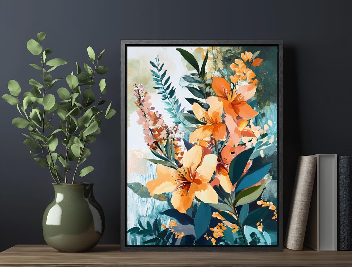 Orange Lilies Watercolor Bouquet Teal Leaves Colorful Summer Wall Art - Image 6