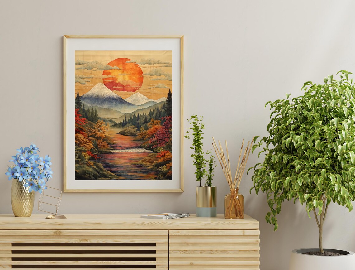 Mount Fuji Red Sun Autumn Leaves River Vintage Japanese Landscape Poster - Image 2