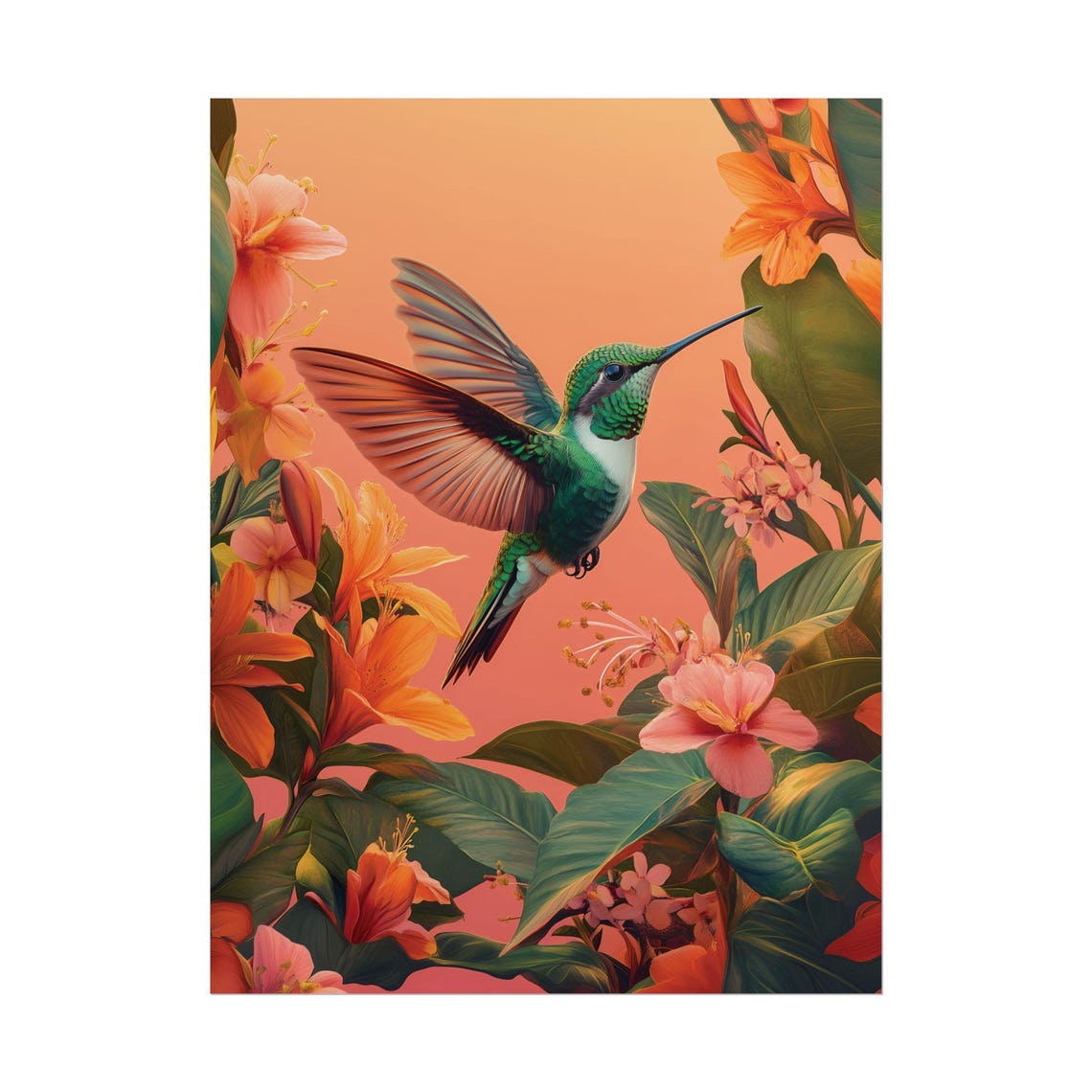 Hummingbird In Orange Tropical Flowers Sunset Glow Vibrant Wall Poster - Image 2