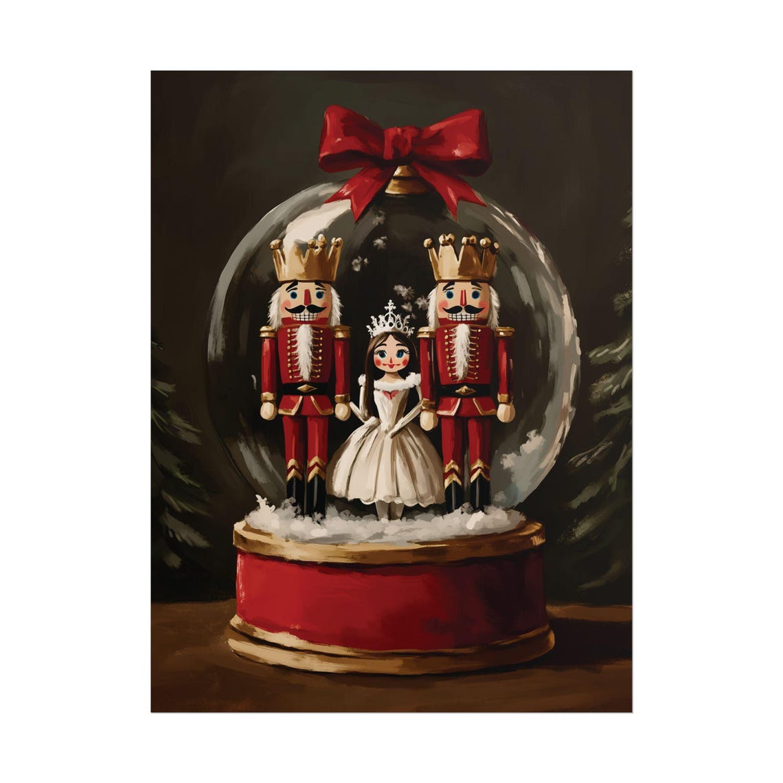 Nutcracker Snow Globe Ballerina Red Bow Vintage Christmas Art Poster - Image 2