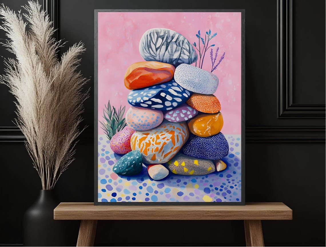 Balanced Painted Rock Cairn Colorful Stones Playful Pink Sky Print