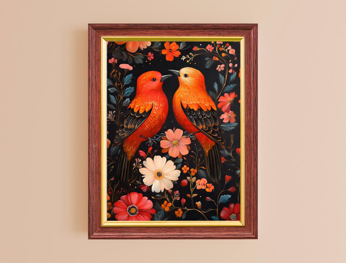 Orange Lovebirds Folk Floral Black Background Whimsical Art Poster