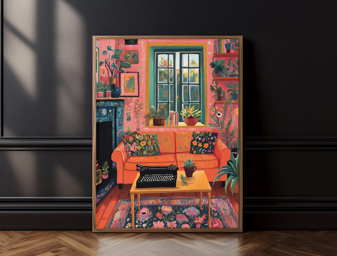Matisse Inspired Maximalist Living Room Orange Sofa Plants Art Print