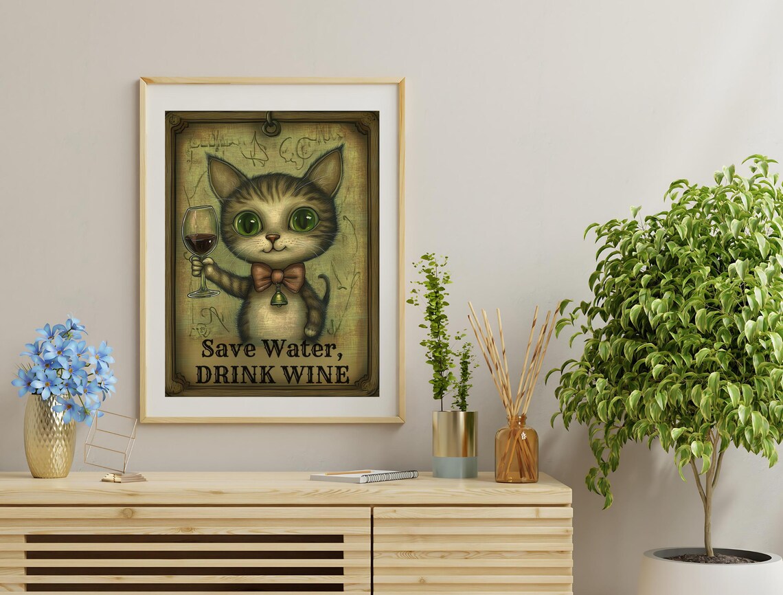 Save Water Drink Wine Tabby Kitten Bow Tie Vintage Funny Cat Art Poster - Image 3