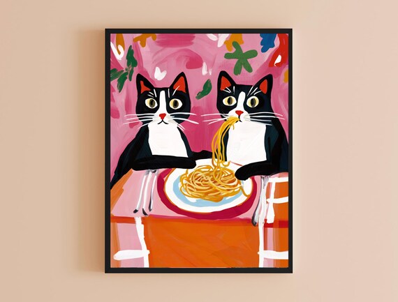 Tuxedo Cats Spaghetti Date Funny Pink Folk Art Kitchen Wall Poster