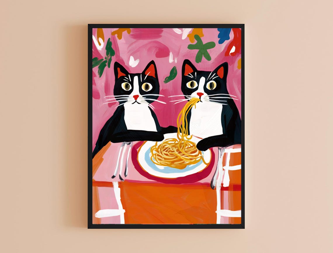 Two Black White Cats Eating Spaghetti Playful Pink Kitchen Poster - Image 4
