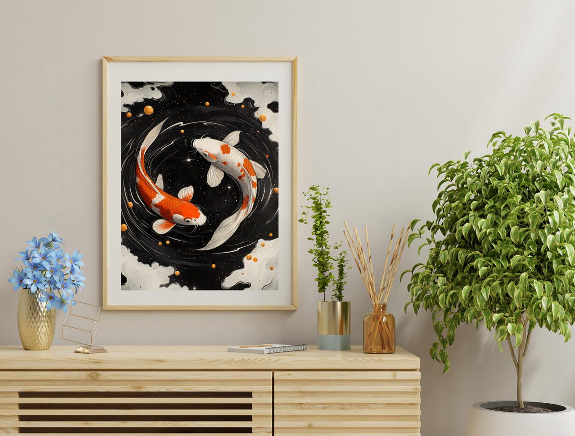Two Koi Fish Yin Yang Swirl Dark Water Orange White Art Print - Image 3