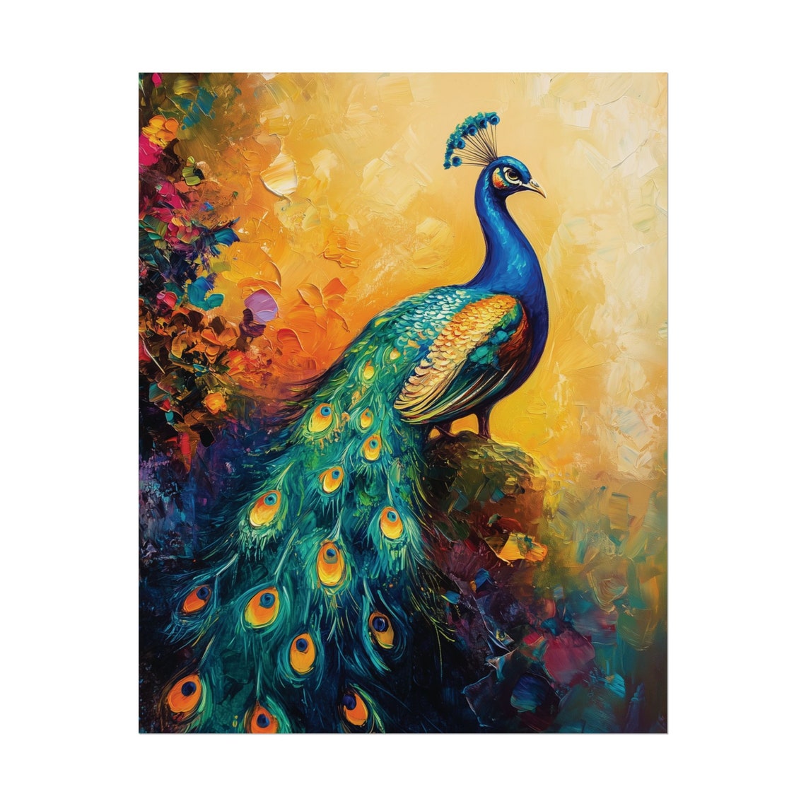 Peacock Perched Blue Gold Impressionist Garden Painterly Art Poster - Image 2
