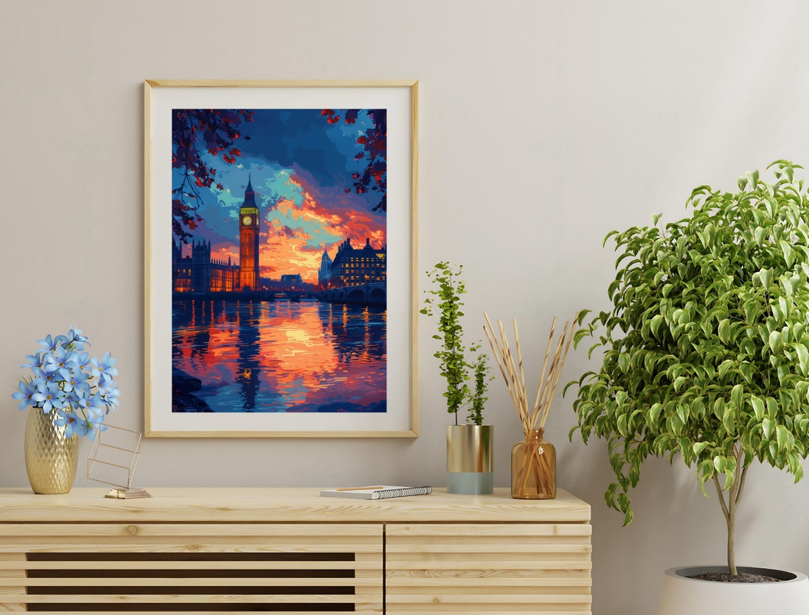 London Big Ben Sunset Thames River Painting England Travel Art Poster - Image 4