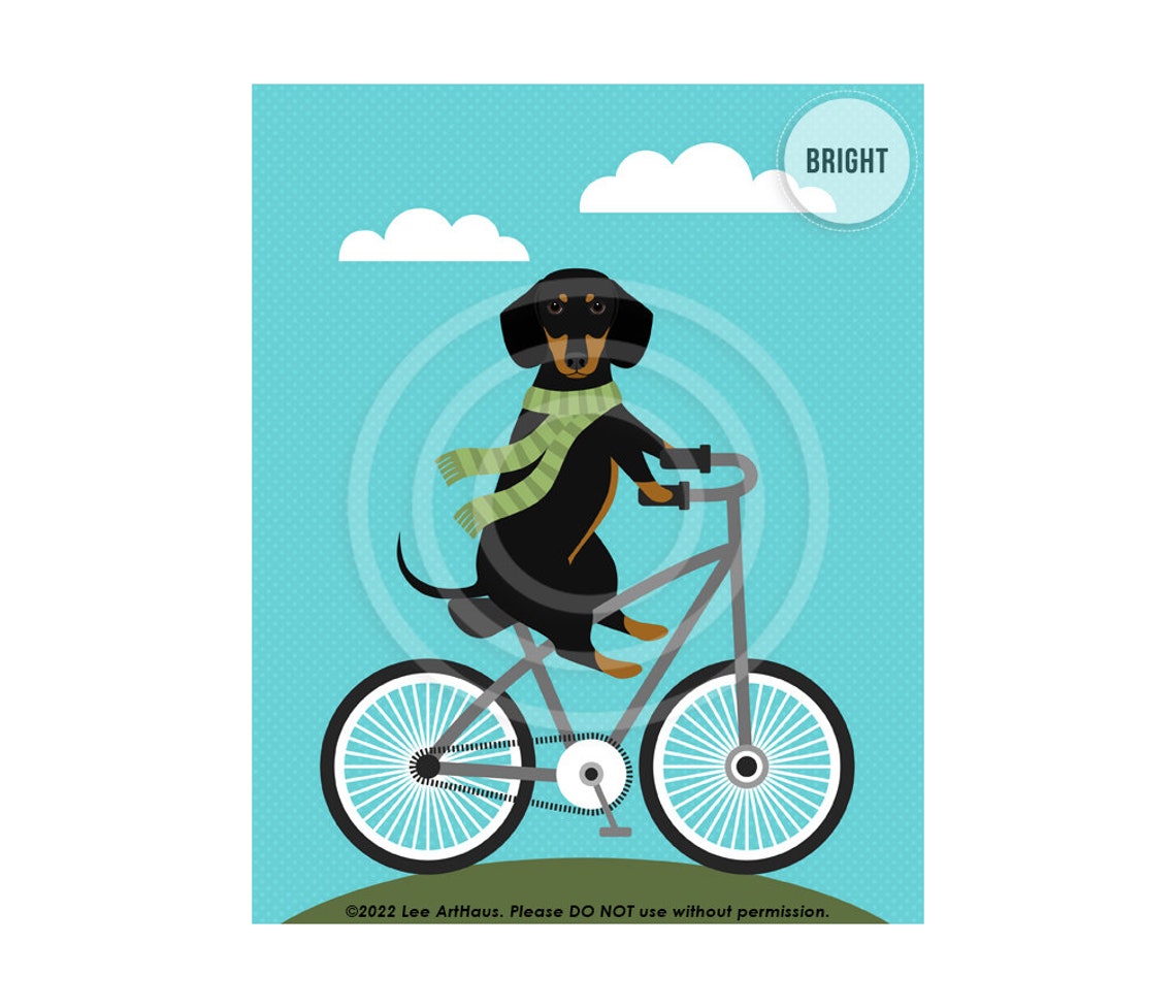 Black And Tan Dachshund Riding Bicycle Green Scarf Bright Poster
