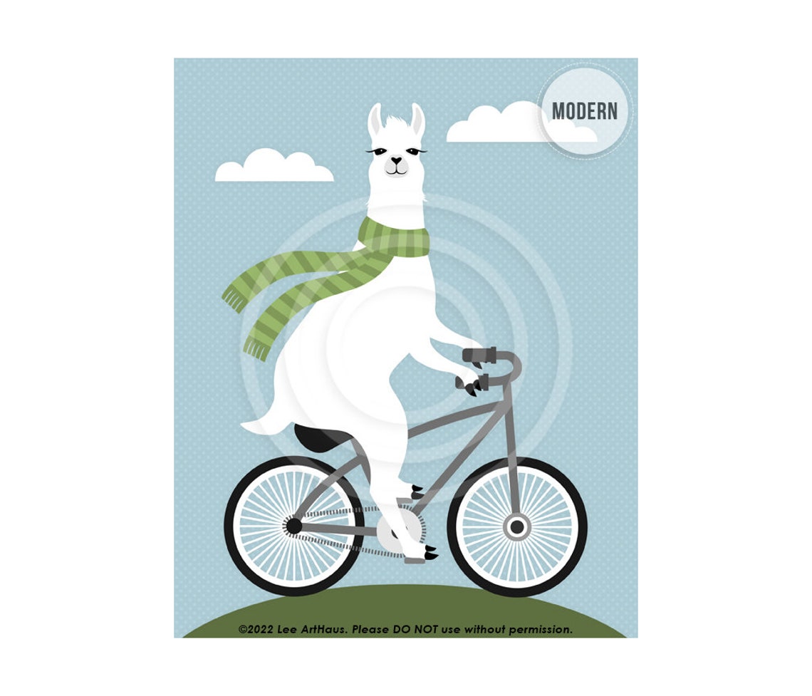 White Llama Riding Bicycle With Green Scarf Funny Animal Art Poster - Image 2