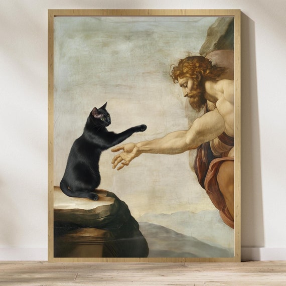 Creation Of Adam With Black Cat Classic Art Poster