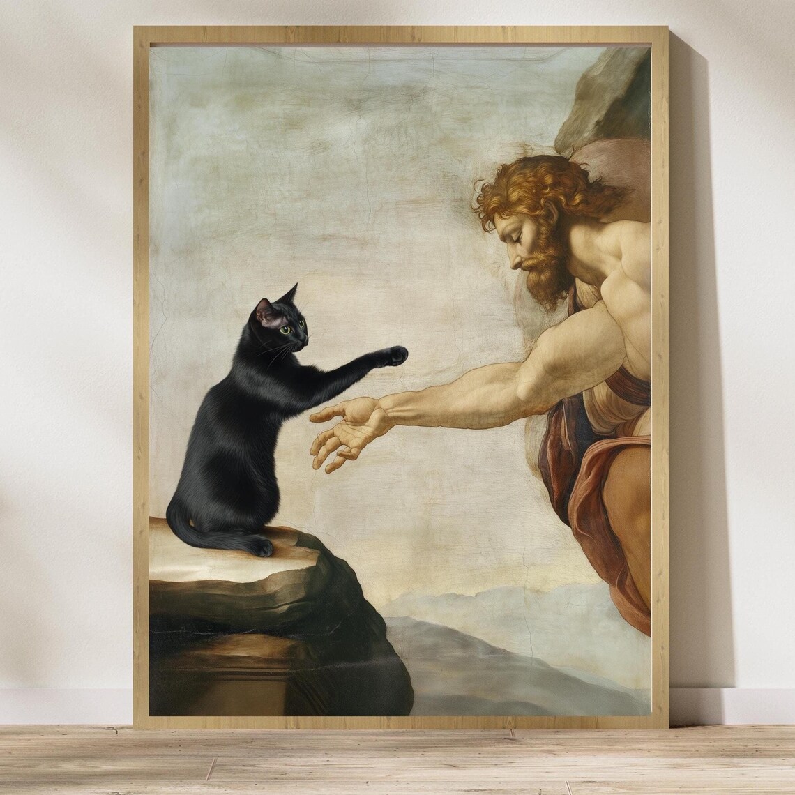 Creation Of Adam With Black Cat Classic Art Poster