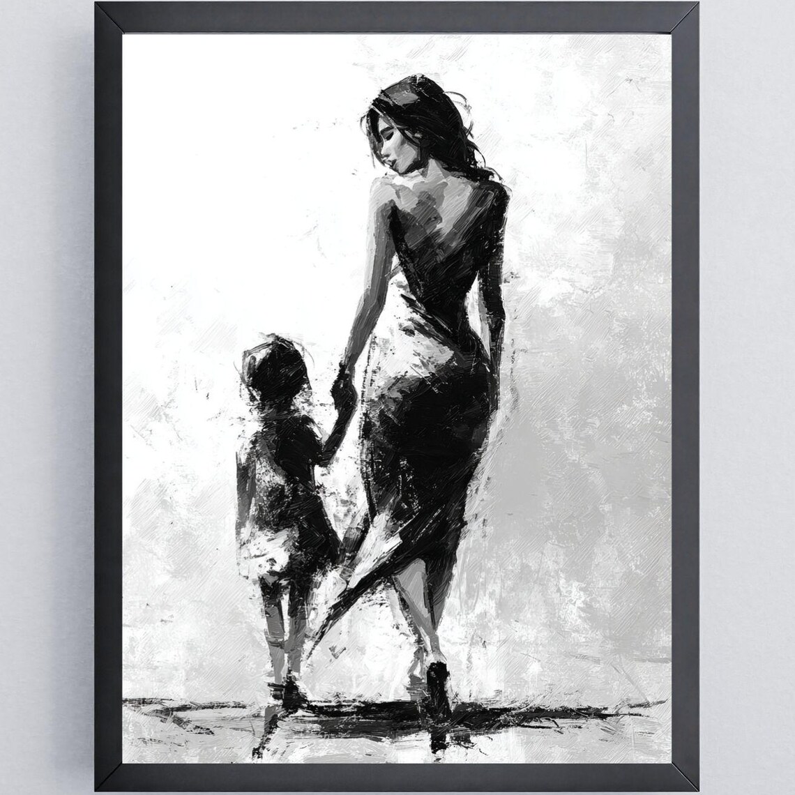 Black White Mother Child Painting Walking Away Tender Modern Art Poster