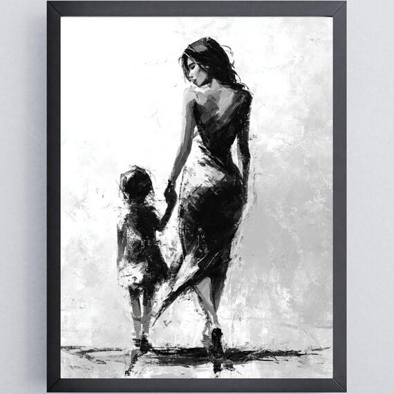 Black White Mother Child Painting Walking Away Tender Modern Art Poster