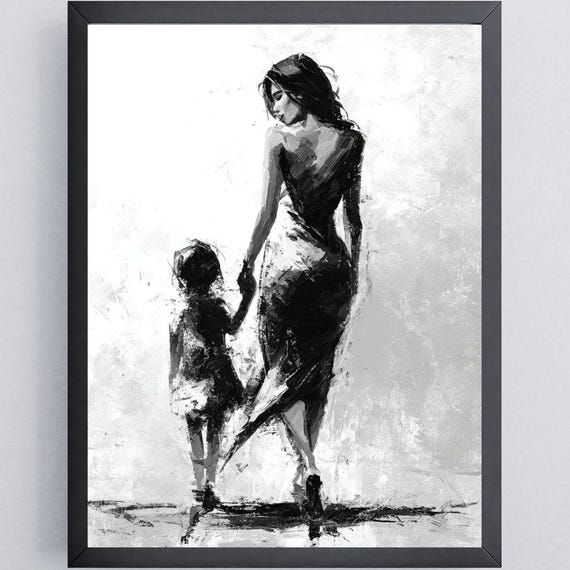 Minimalist Mother Child Art Print Black And White For Nursery Decor Elegant Line Drawing Poster Abstract Wall