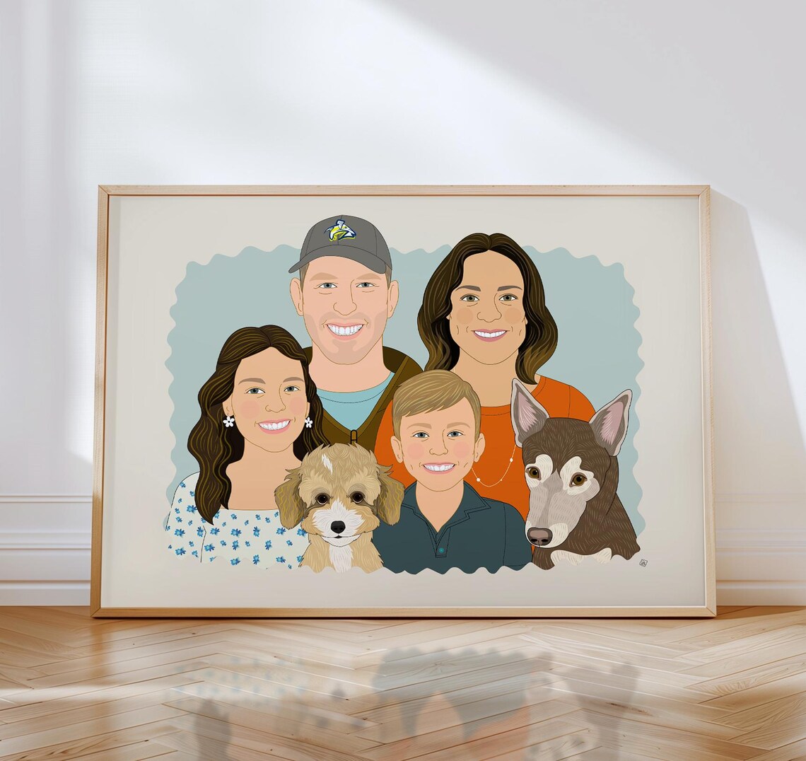 Family of Four With Two Dogs Scalloped Edge Custom Portrait Poster - Image 3