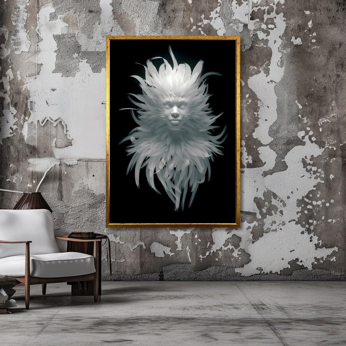 Ethereal White Feather Face in a Surreal Mystical Dream Art Poster - Image 3